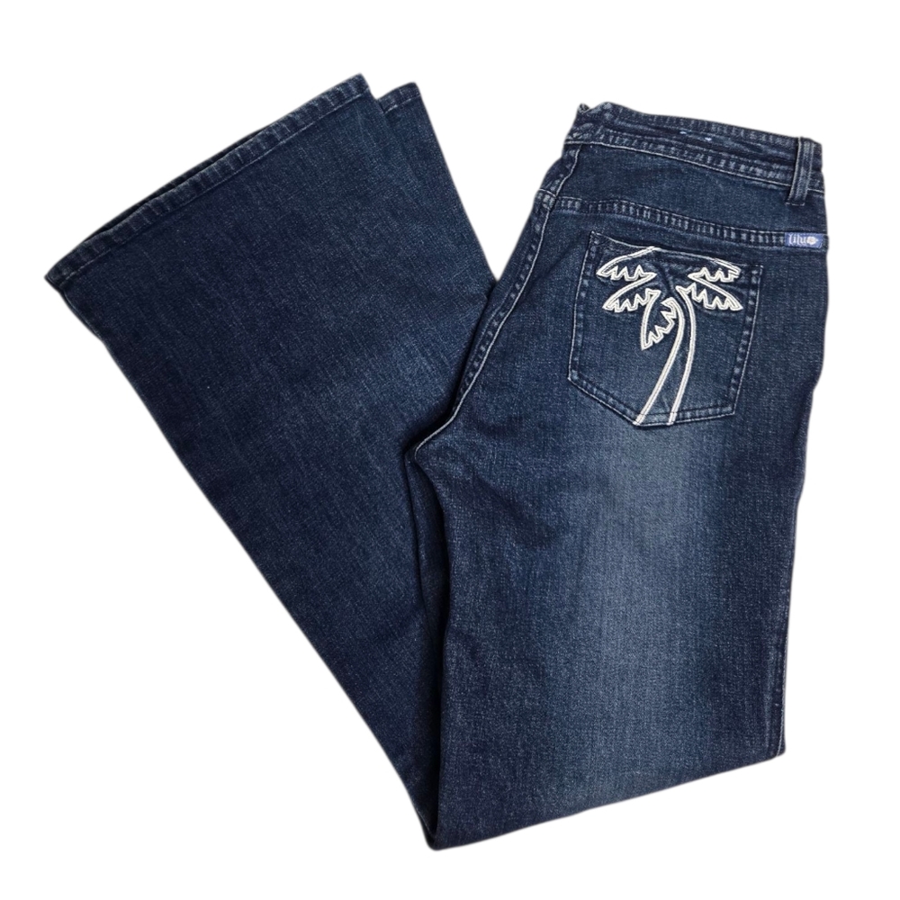 Y2K PacSun Lilu dark wash embroidered palm tree low rise stretch flare jeans 9 S